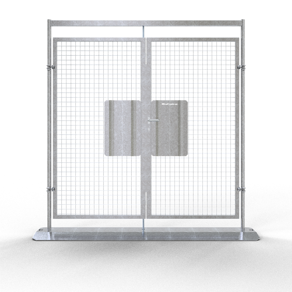 Doppelflügelige Mobilzaun-Tür_x000D_ besteht aus einer robusten, verschweißten Rahmenkonstruktion, d
