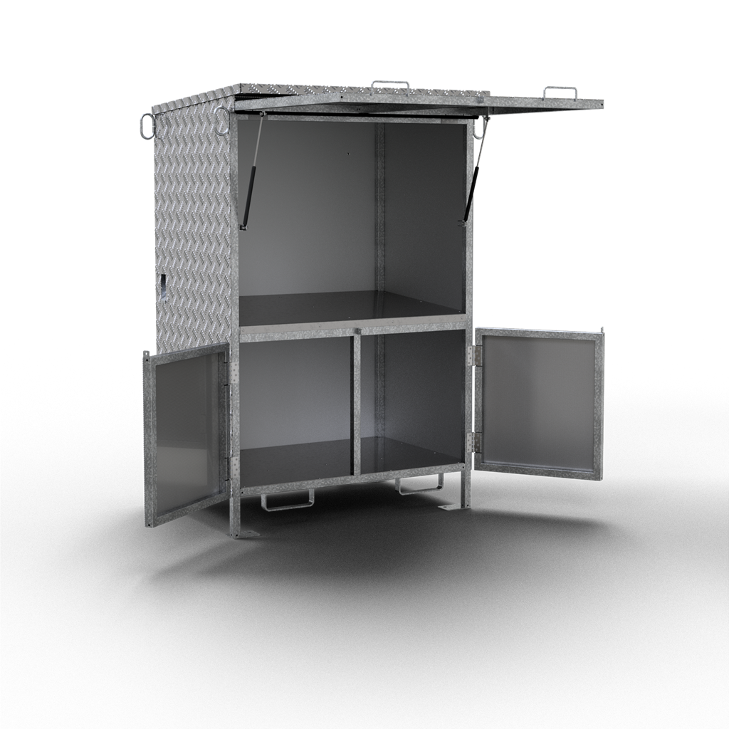 Planstand mit abschließbaren Werkzeugschrank_x000D_ mobiler Planstand zum trockenen und geschützten