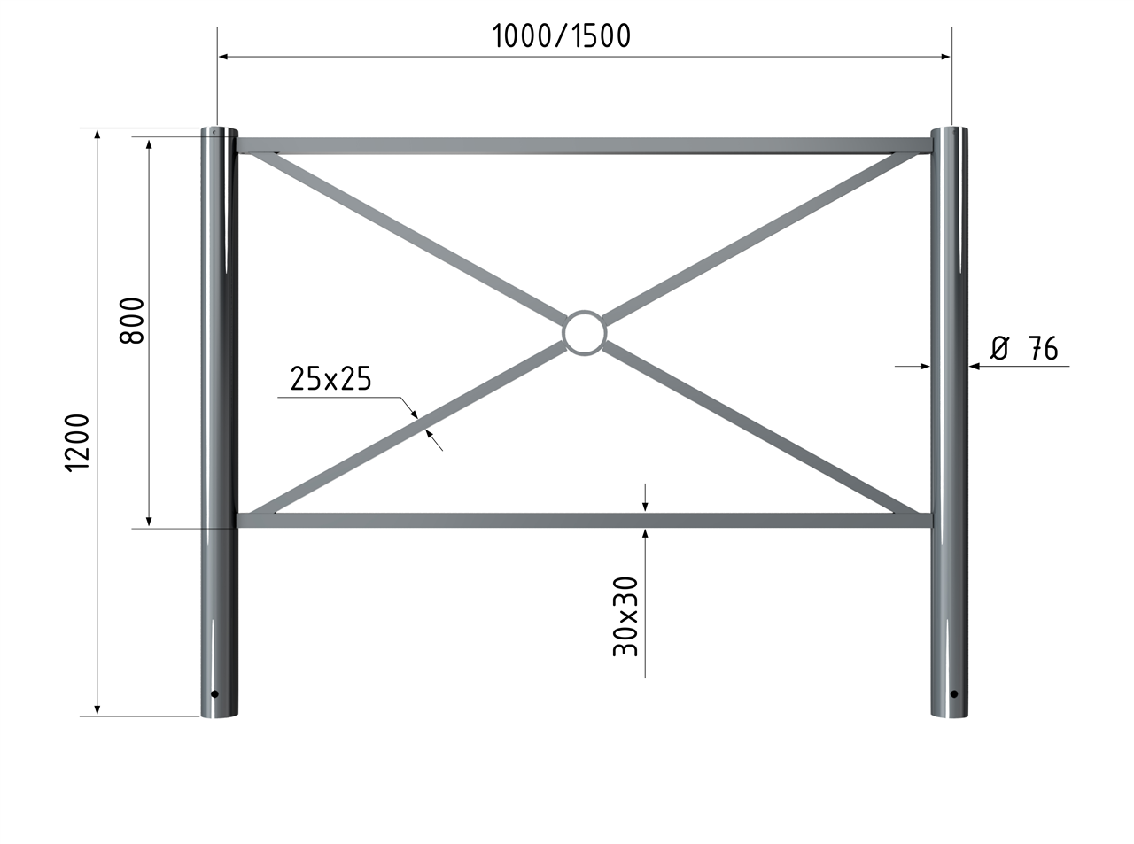 Stadtzaun -Zaunelement mit Flachkopf,_x000D_ Stahlrohr Ø76mm, feuerverzinkt und _x000D_ beschichtet