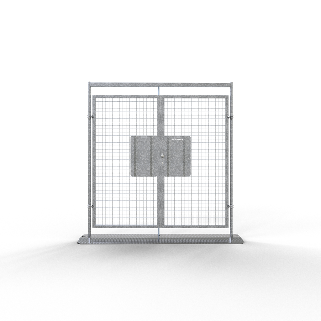 Doppelflügelige Mobilzaun-Tür_x000D_ besteht aus einer robusten, verschweißten Rahmenkonstruktion, d