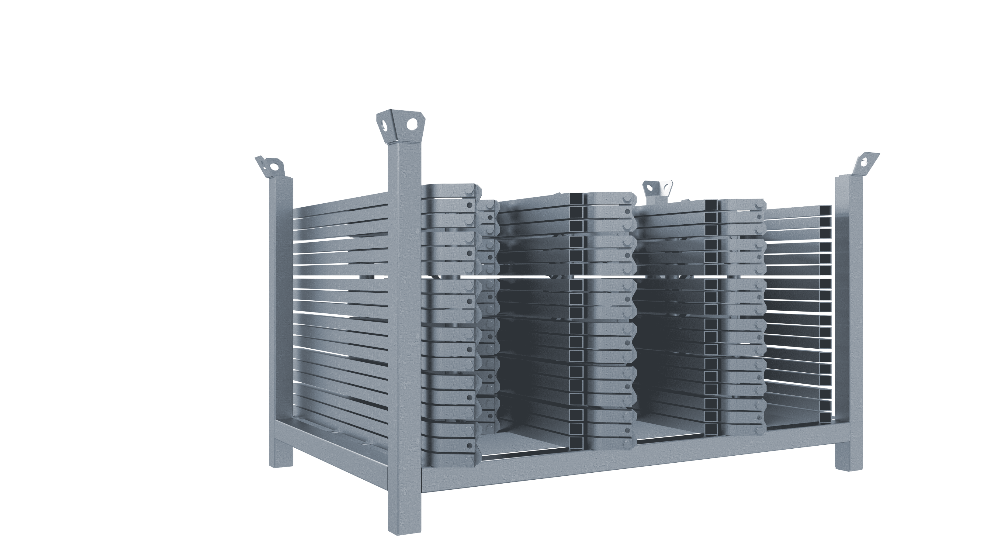 Stapelpalette _x000D_ mit robusten Stapelecken mit Bohrung _x000D_ zum kranen, Standrohre und Querho