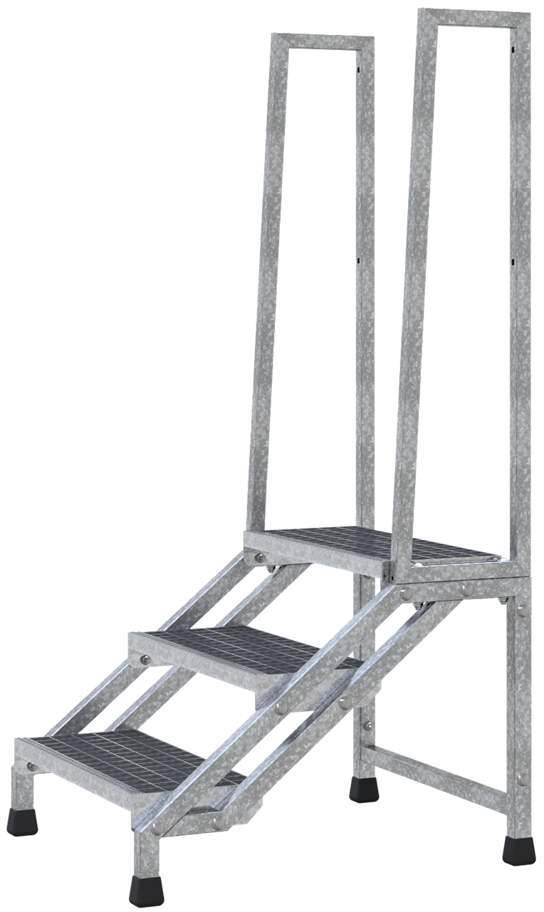 Steigtritt _x000D_ mit U-Aufnahme zum Einhängen von Stahl-Gerüstbohlen, mit seitlichem Geländer, ver