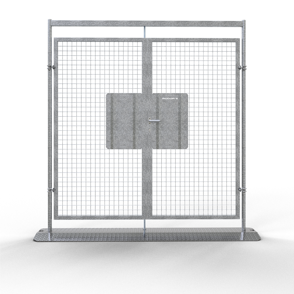 Doppelflügelige Mobilzaun-Tür_x000D_ besteht aus einer robusten, verschweißten Rahmenkonstruktion, d